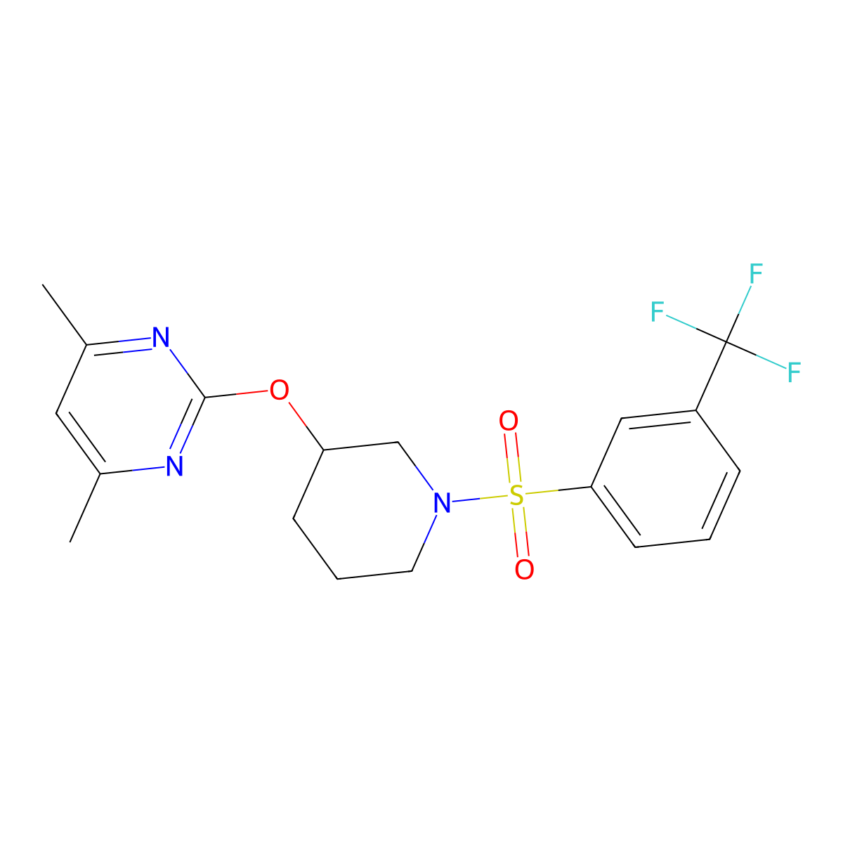 4,6-Dimethyl-2-((1-((3-(trifluoromethyl)phenyl)sulfonyl)piperidin-3-yl)oxy)pyrimidine molecular structure, CAS 2034326-07-1