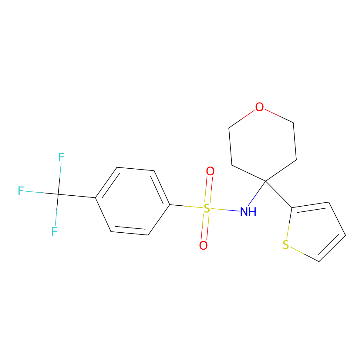 N-(4-(thiophen-2-yl)tetrahydro-2H-pyran-4-yl)-4-(trifluoromethyl)benzenesulfonamide molecular structure, CAS 2034326-08-2