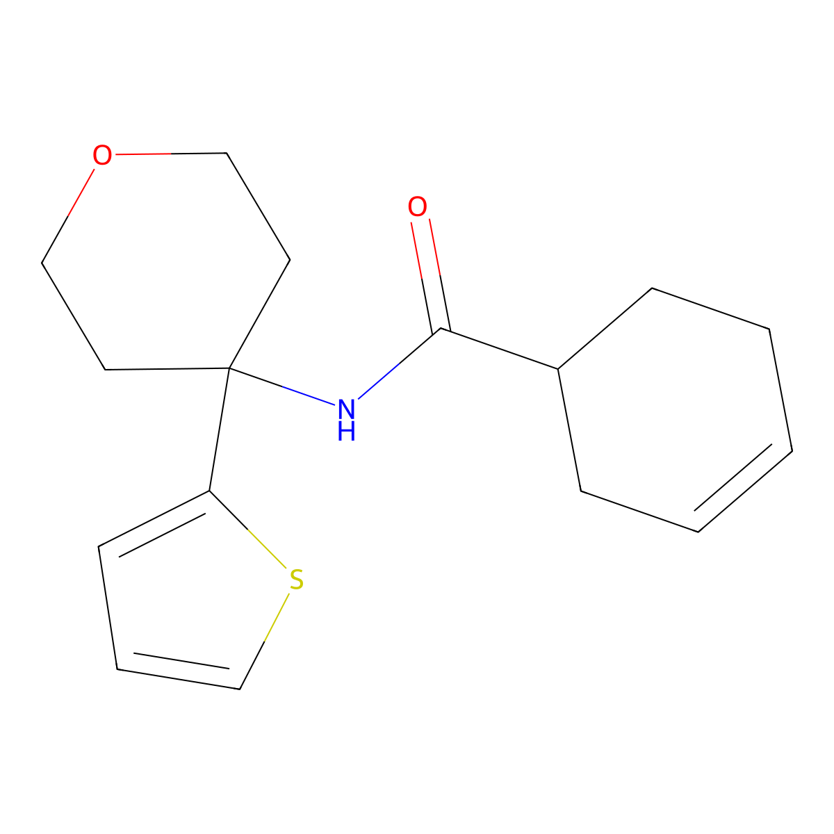 N-(4-(thiophen-2-yl)tetrahydro-2H-pyran-4-yl)cyclohex-3-enecarboxamide molecular structure, CAS 2034326-14-0