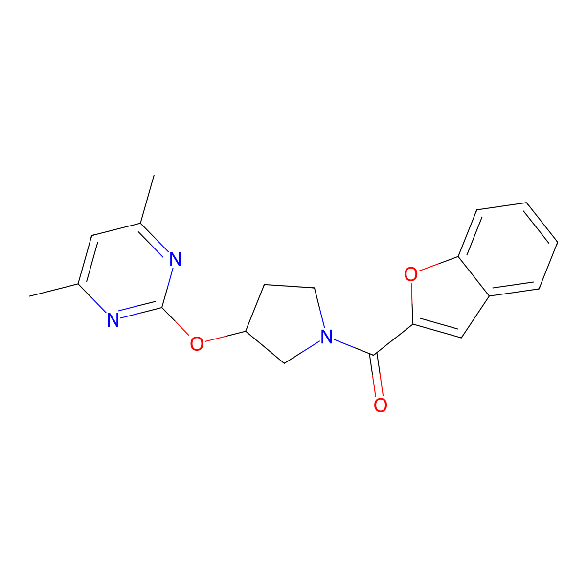 Benzofuran-2-yl(3-((4,6-dimethylpyrimidin-2-yl)oxy)pyrrolidin-1-yl)methanone molecular structure, CAS 2034326-17-3