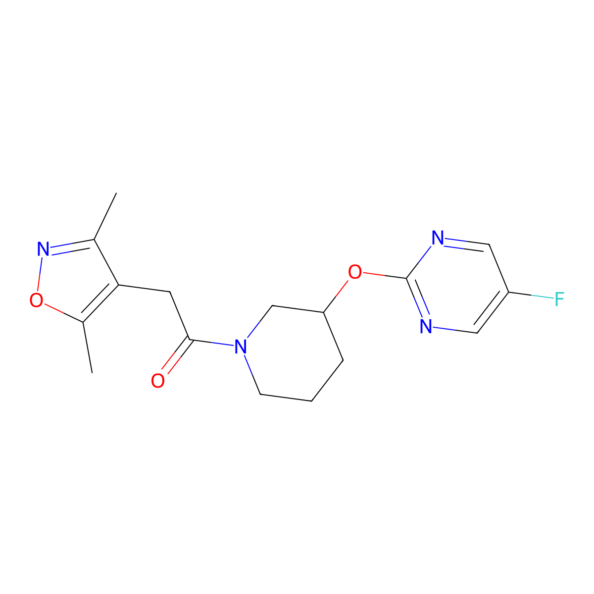 2-(3,5-Dimethylisoxazol-4-yl)-1-(3-((5-fluoropyrimidin-2-yl)oxy)piperidin-1-yl)ethanone molecular structure, CAS 2034326-24-2