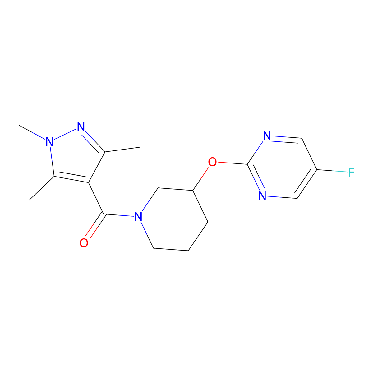 (3-((5-fluoropyrimidin-2-yl)oxy)piperidin-1-yl)(1,3,5-trimethyl-1H-pyrazol-4-yl)methanone molecular structure, CAS 2034326-27-5