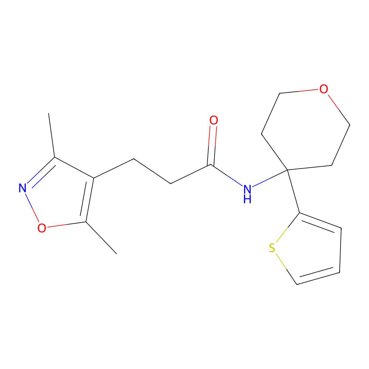 3-(3,5-dimethylisoxazol-4-yl)-N-(4-(thiophen-2-yl)tetrahydro-2H-pyran-4-yl)propanamide molecular structure, CAS 2034326-29-7