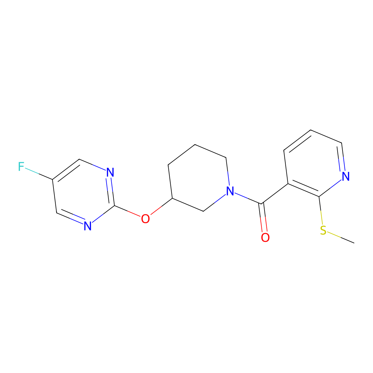 (3-((5-Fluoropyrimidin-2-yl)oxy)piperidin-1-yl)(2-(methylthio)pyridin-3-yl)methanone molecular structure, CAS 2034326-31-1