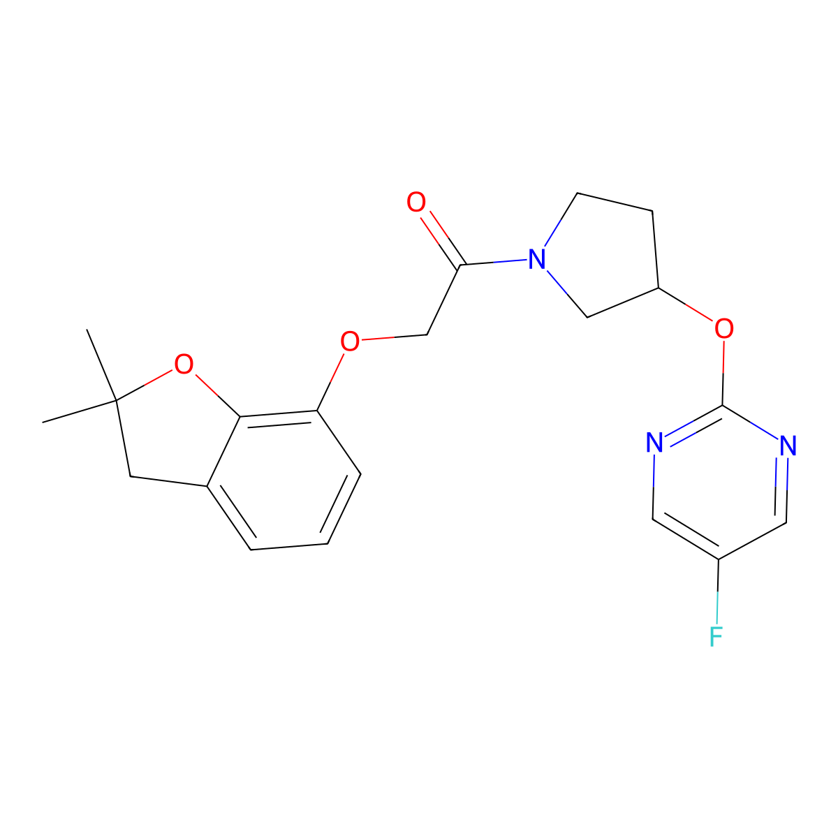 2-((2,2-Dimethyl-2,3-dihydrobenzofuran-7-yl)oxy)-1-(3-((5-fluoropyrimidin-2-yl)oxy)pyrrolidin-1-yl)ethanone molecular structure, CAS 2034326-33-3