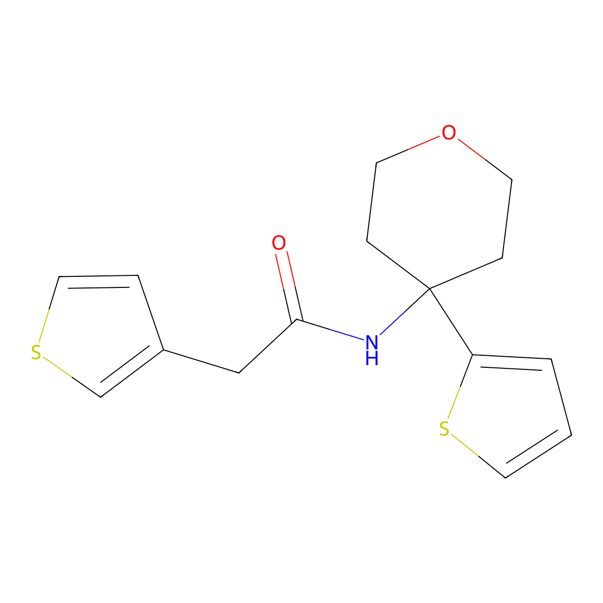 N-(4-(thiophen-2-yl)tetrahydro-2H-pyran-4-yl)-2-(thiophen-3-yl)acetamide molecular structure, CAS 2034326-40-2