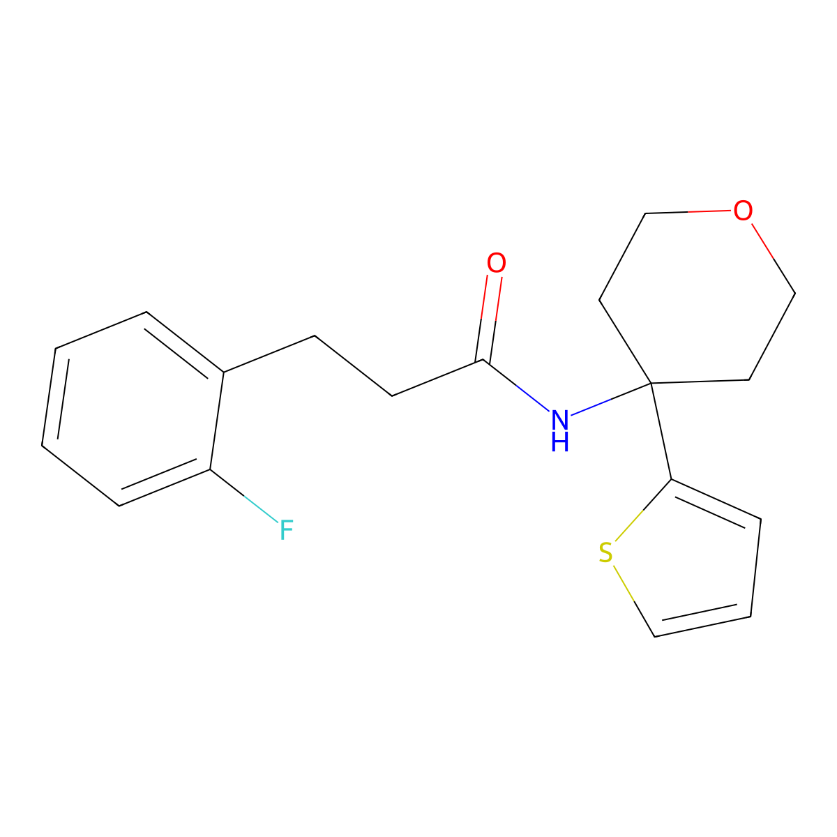 3-(2-fluorophenyl)-N-(4-(thiophen-2-yl)tetrahydro-2H-pyran-4-yl)propanamide molecular structure, CAS 2034326-45-7