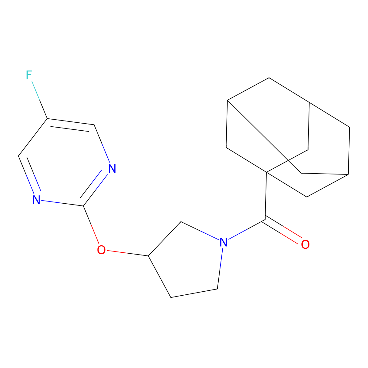 (1s,3s)-Adamantan-1-yl(3-((5-fluoropyrimidin-2-yl)oxy)pyrrolidin-1-yl)methanone molecular structure, CAS 2034326-52-6