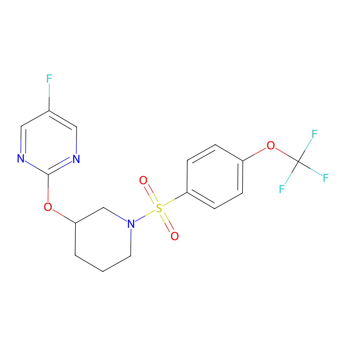 5-Fluoro-2-((1-((4-(trifluoromethoxy)phenyl)sulfonyl)piperidin-3-yl)oxy)pyrimidine molecular structure, CAS 2034326-67-3