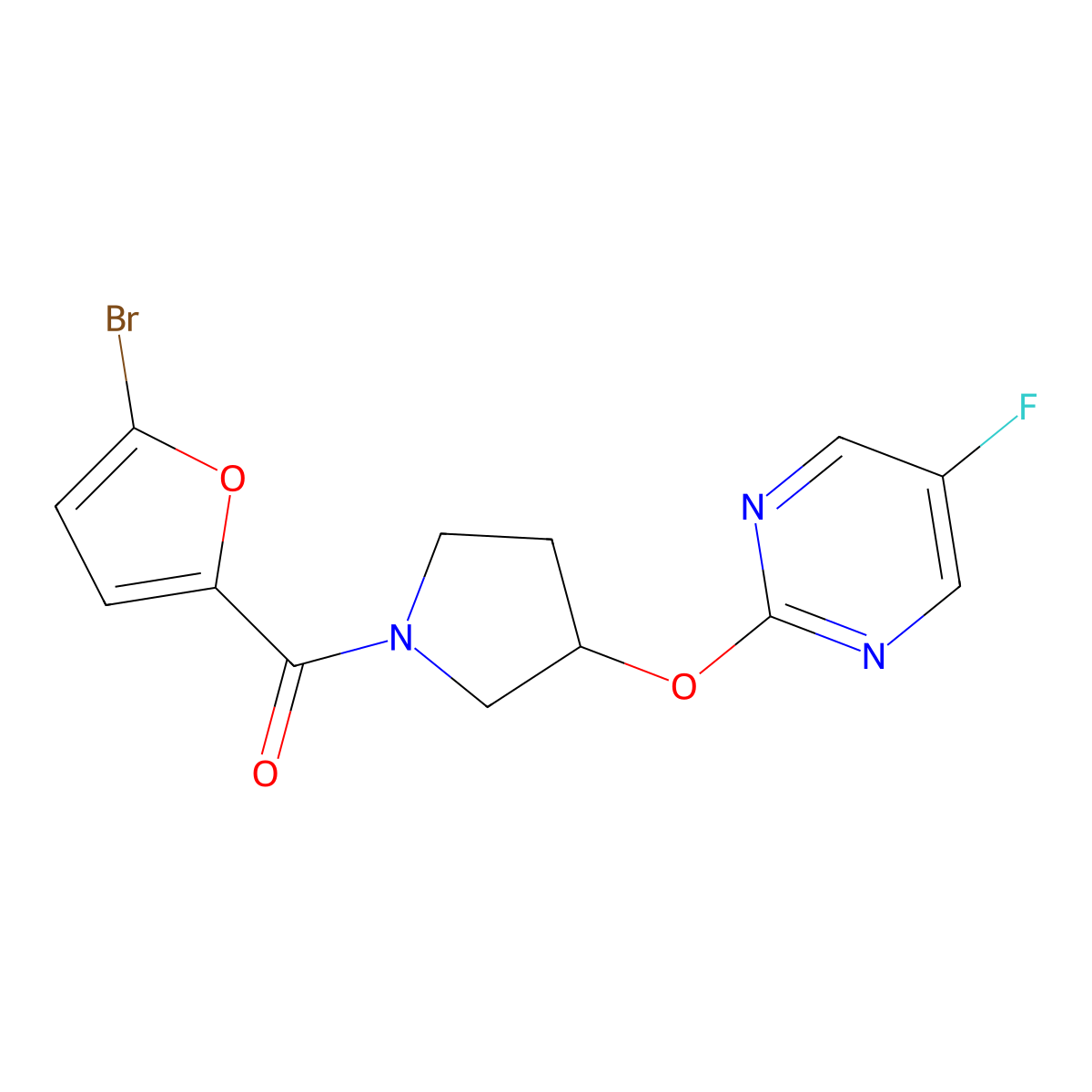 (5-Bromofuran-2-yl)(3-((5-fluoropyrimidin-2-yl)oxy)pyrrolidin-1-yl)methanone molecular structure, CAS 2034326-68-4