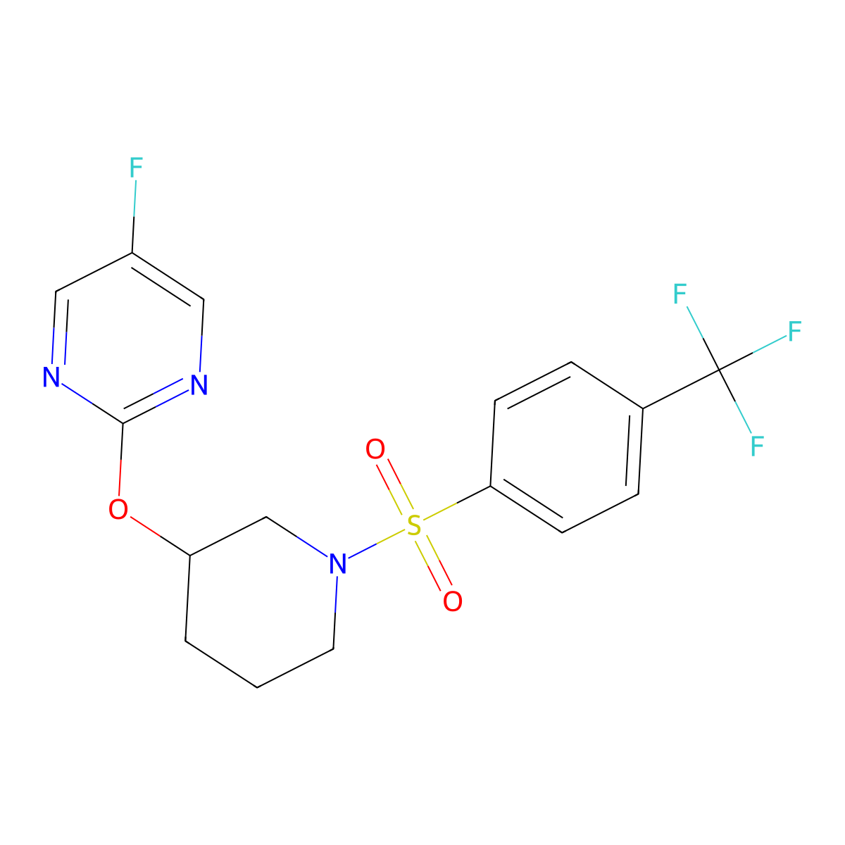 5-Fluoro-2-((1-((4-(trifluoromethyl)phenyl)sulfonyl)piperidin-3-yl)oxy)pyrimidine molecular structure, CAS 2034326-71-9