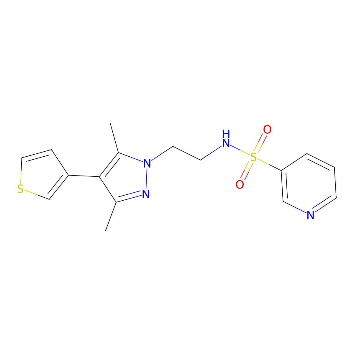 N-(2-(3,5-dimethyl-4-(thiophen-3-yl)-1H-pyrazol-1-yl)ethyl)pyridine-3-sulfonamide molecular structure, CAS 2034326-73-1