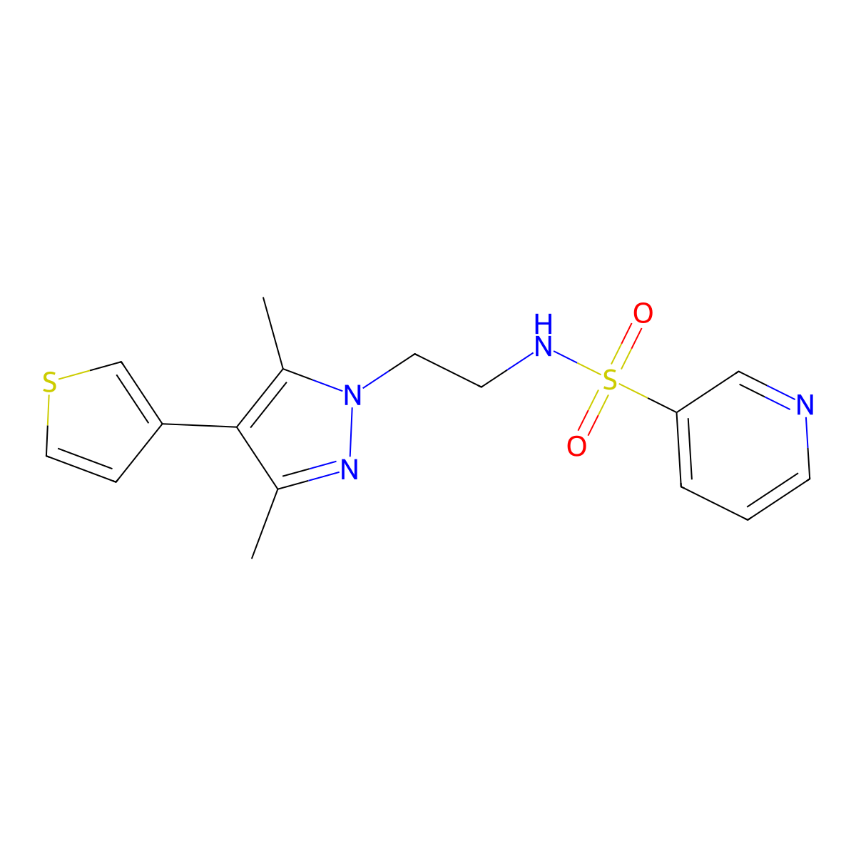 N-(2-(3,5-dimethyl-4-(thiophen-3-yl)-1H-pyrazol-1-yl)ethyl)pyridine-3-sulfonamide molecular structure, CAS 2034326-73-1