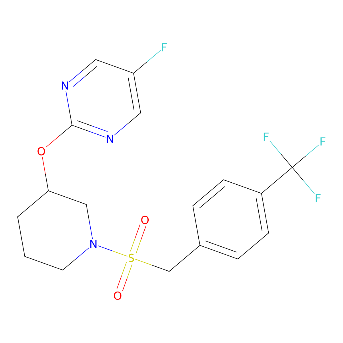 5-Fluoro-2-((1-((4-(trifluoromethyl)benzyl)sulfonyl)piperidin-3-yl)oxy)pyrimidine molecular structure, CAS 2034326-83-3