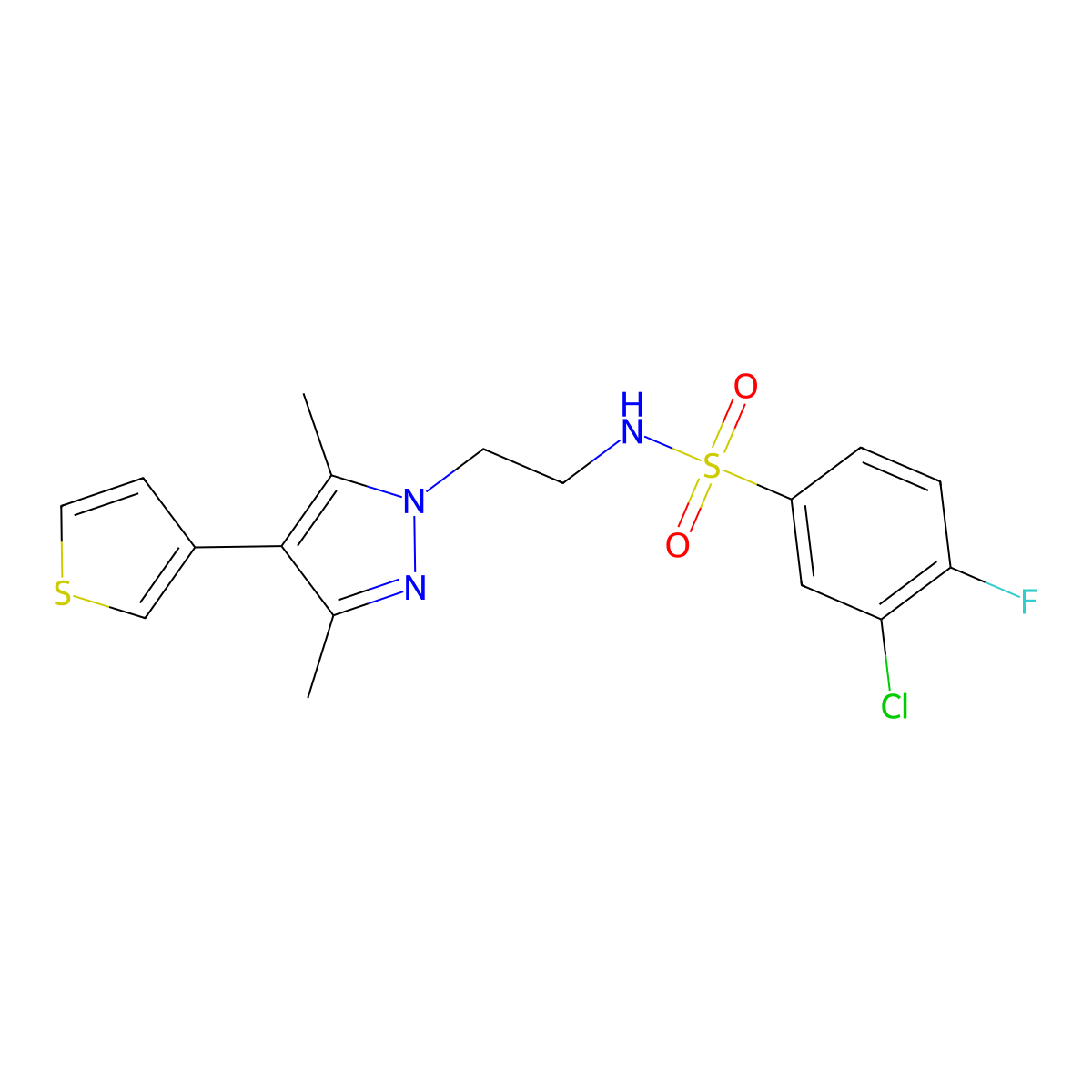 3-chloro-N-(2-(3,5-dimethyl-4-(thiophen-3-yl)-1H-pyrazol-1-yl)ethyl)-4-fluorobenzenesulfonamide molecular structure, CAS 2034326-89-9