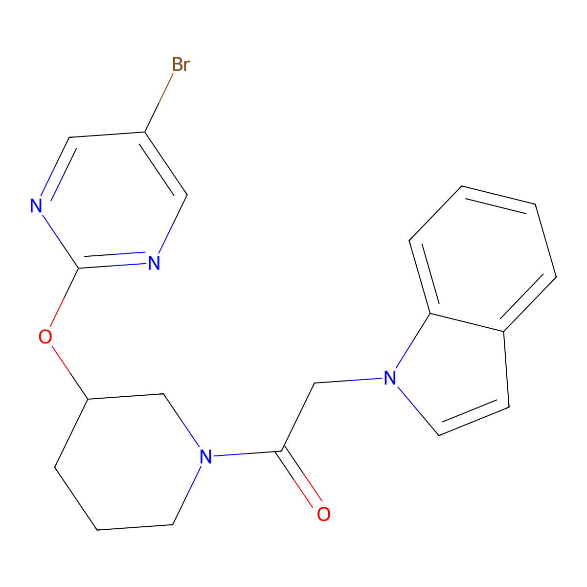 1-(3-((5-bromopyrimidin-2-yl)oxy)piperidin-1-yl)-2-(1H-indol-1-yl)ethanone molecular structure, CAS 2034326-91-3