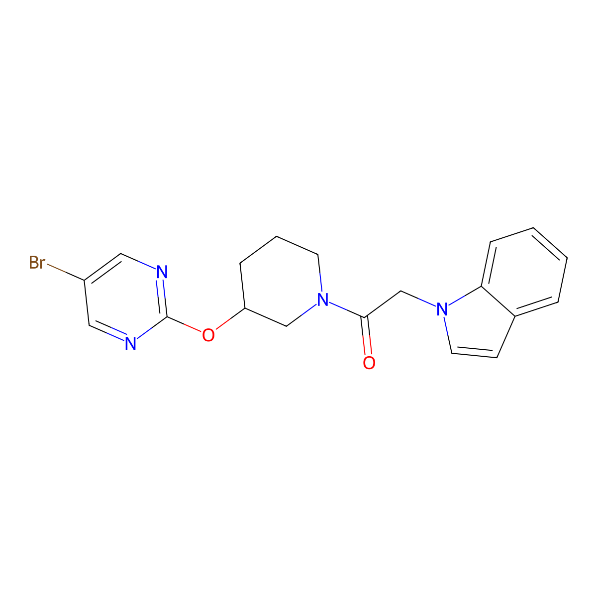 1-(3-((5-bromopyrimidin-2-yl)oxy)piperidin-1-yl)-2-(1H-indol-1-yl)ethanone molecular structure, CAS 2034326-91-3