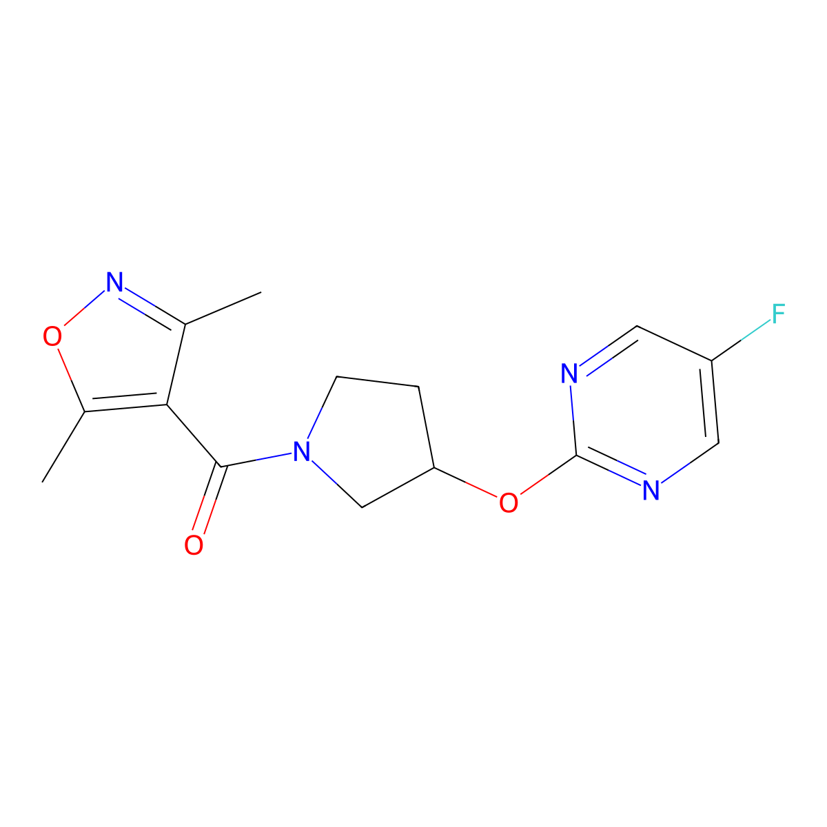 (3,5-Dimethylisoxazol-4-yl)(3-((5-fluoropyrimidin-2-yl)oxy)pyrrolidin-1-yl)methanone molecular structure, CAS 2034326-98-0