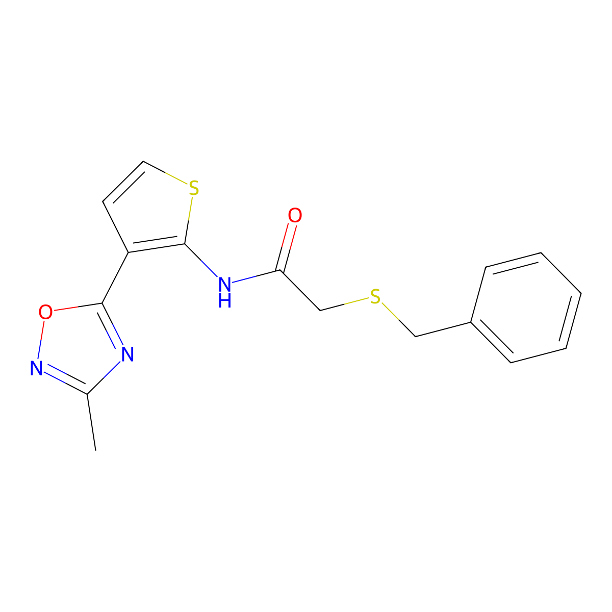 2-(benzylthio)-N-(3-(3-methyl-1,2,4-oxadiazol-5-yl)thiophen-2-yl)acetamide molecular structure, CAS 2034327-00-7