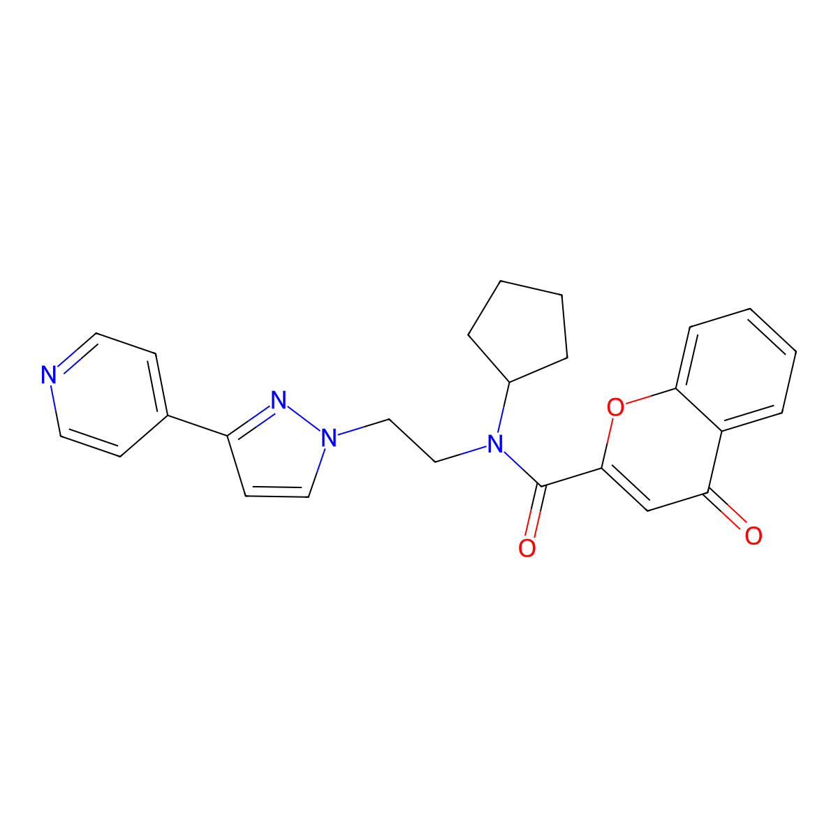N-cyclopentyl-4-oxo-N-(2-(3-(pyridin-4-yl)-1H-pyrazol-1-yl)ethyl)-4H-chromene-2-carboxamide molecular structure, CAS 2034327-09-6
