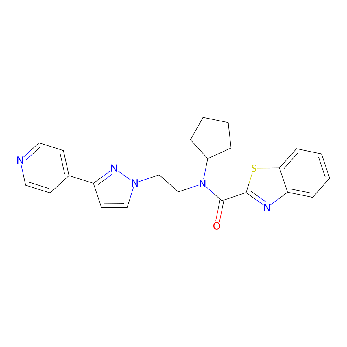 N-cyclopentyl-N-(2-(3-(pyridin-4-yl)-1H-pyrazol-1-yl)ethyl)benzo[d]thiazole-2-carboxamide molecular structure, CAS 2034327-16-5