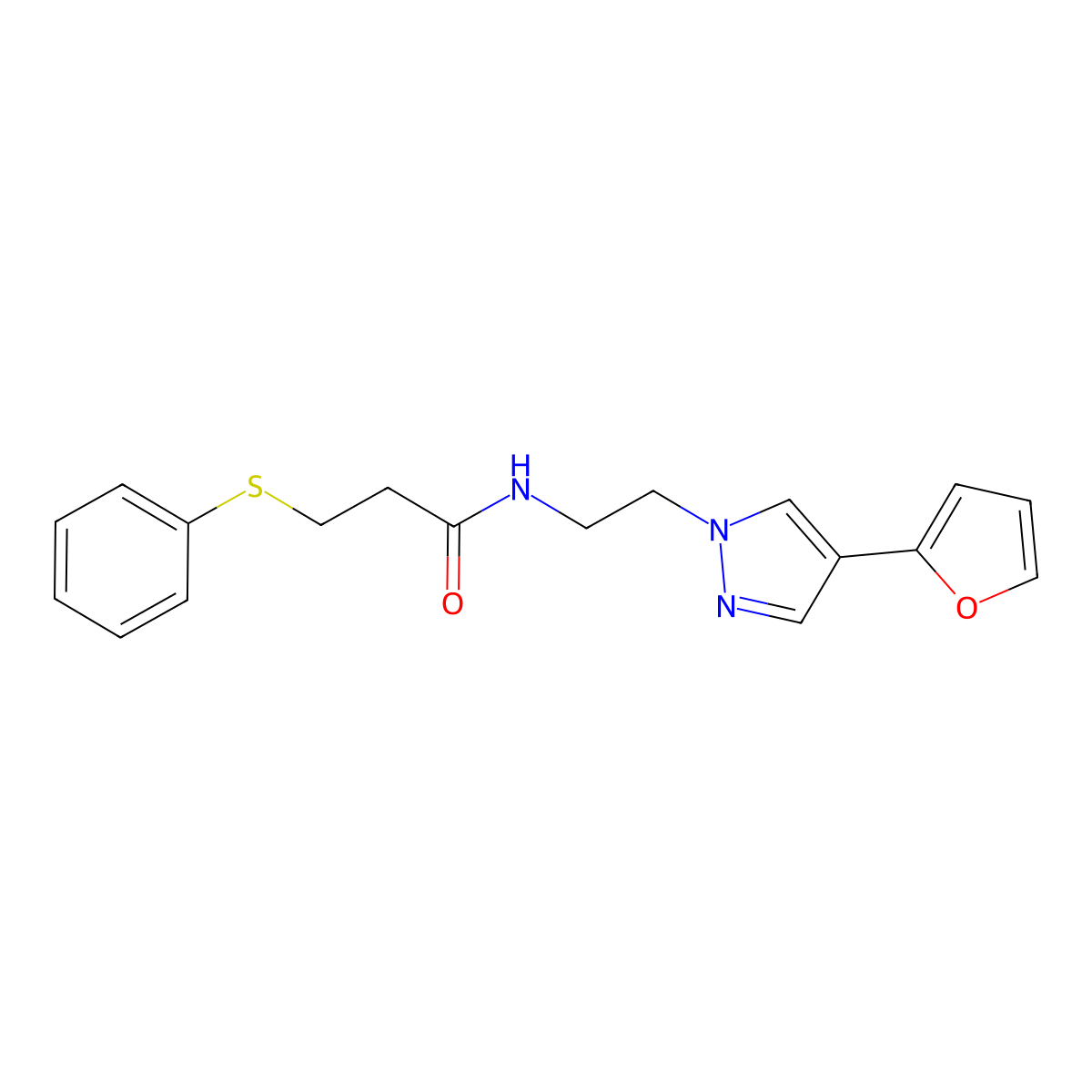 N-(2-(4-(furan-2-yl)-1H-pyrazol-1-yl)ethyl)-3-(phenylthio)propanamide molecular structure, CAS 2034327-17-6