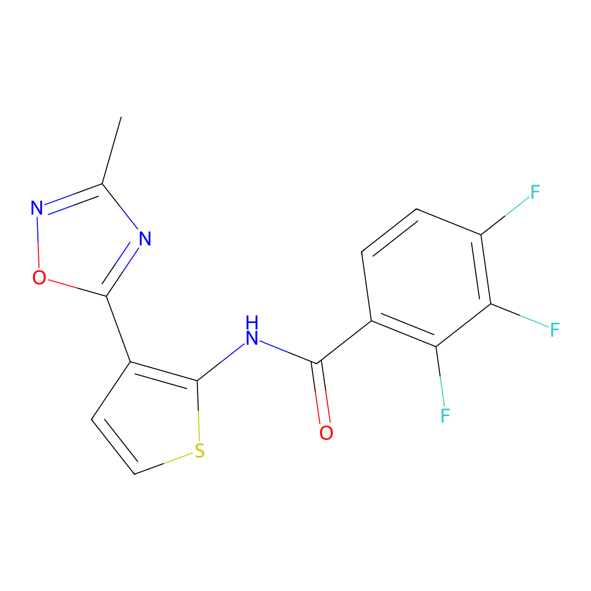 2,3,4-trifluoro-N-(3-(3-methyl-1,2,4-oxadiazol-5-yl)thiophen-2-yl)benzamide molecular structure, CAS 2034327-25-6