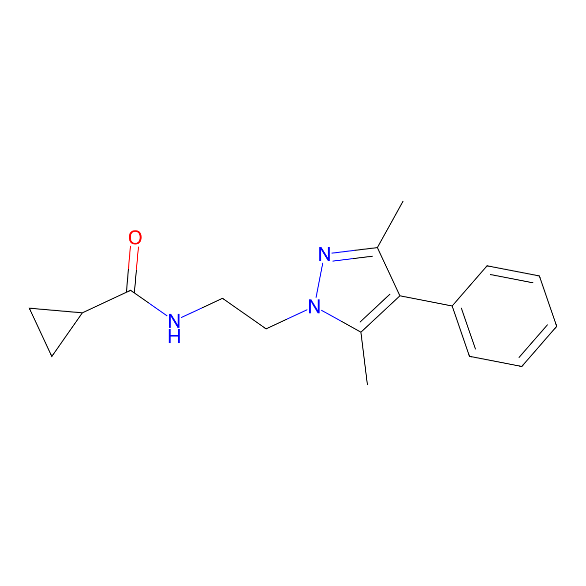 N-(2-(3,5-dimethyl-4-phenyl-1H-pyrazol-1-yl)ethyl)cyclopropanecarboxamide molecular structure, CAS 2034327-31-4
