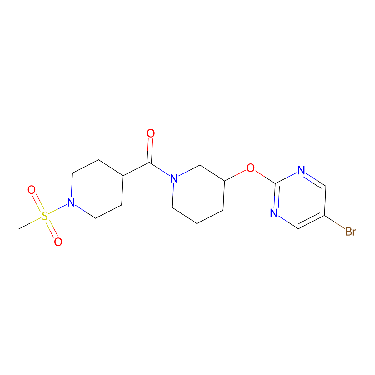 (3-((5-Bromopyrimidin-2-yl)oxy)piperidin-1-yl)(1-(methylsulfonyl)piperidin-4-yl)methanone molecular structure, CAS 2034327-34-7