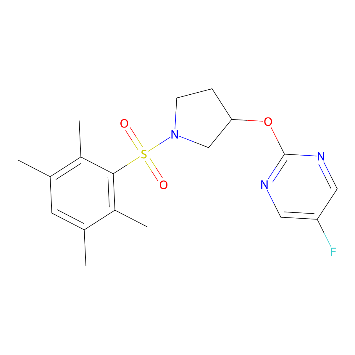 5-Fluoro-2-((1-((2,3,5,6-tetramethylphenyl)sulfonyl)pyrrolidin-3-yl)oxy)pyrimidine molecular structure, CAS 2034327-37-0