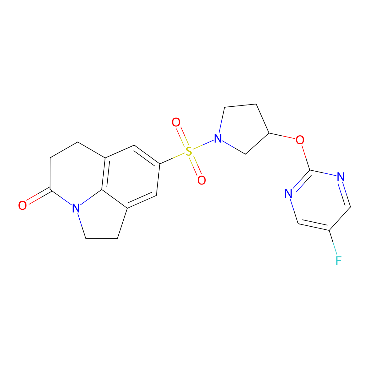 8-((3-((5-fluoropyrimidin-2-yl)oxy)pyrrolidin-1-yl)sulfonyl)-5,6-dihydro-1H-pyrrolo[3,2,1-ij]quinolin-4(2H)-one molecular structure, CAS 2034327-44-9