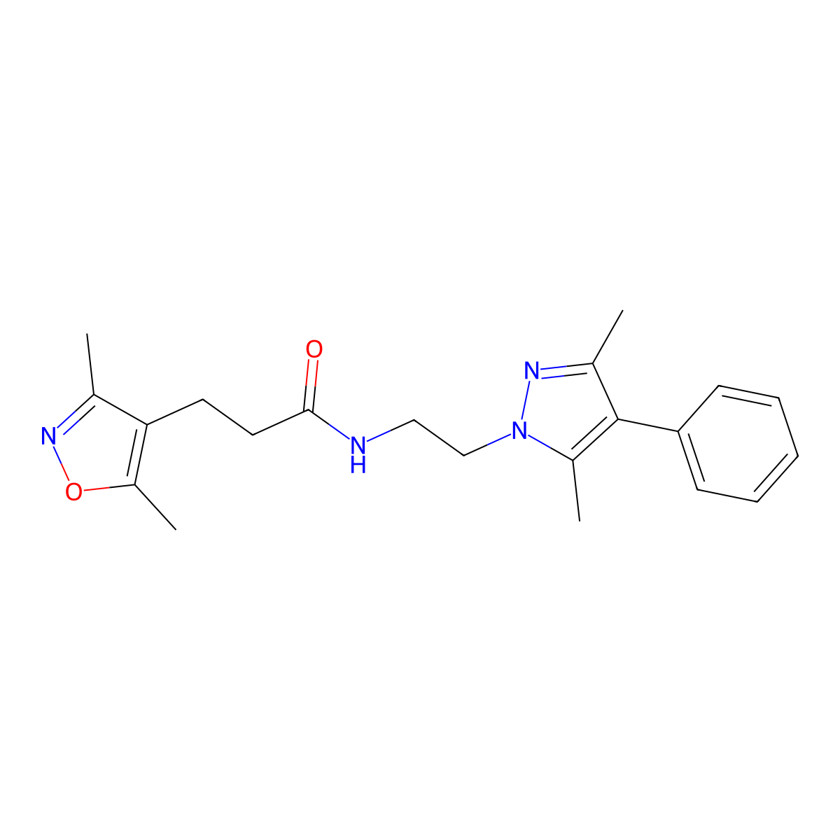 N-(2-(3,5-dimethyl-4-phenyl-1H-pyrazol-1-yl)ethyl)-3-(3,5-dimethylisoxazol-4-yl)propanamide molecular structure, CAS 2034327-47-2