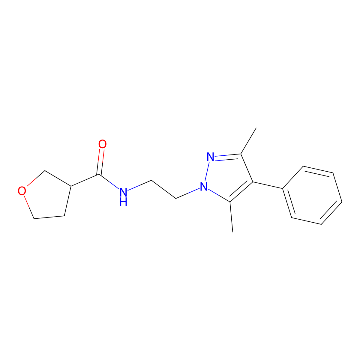N-(2-(3,5-dimethyl-4-phenyl-1H-pyrazol-1-yl)ethyl)tetrahydrofuran-3-carboxamide molecular structure, CAS 2034327-58-5