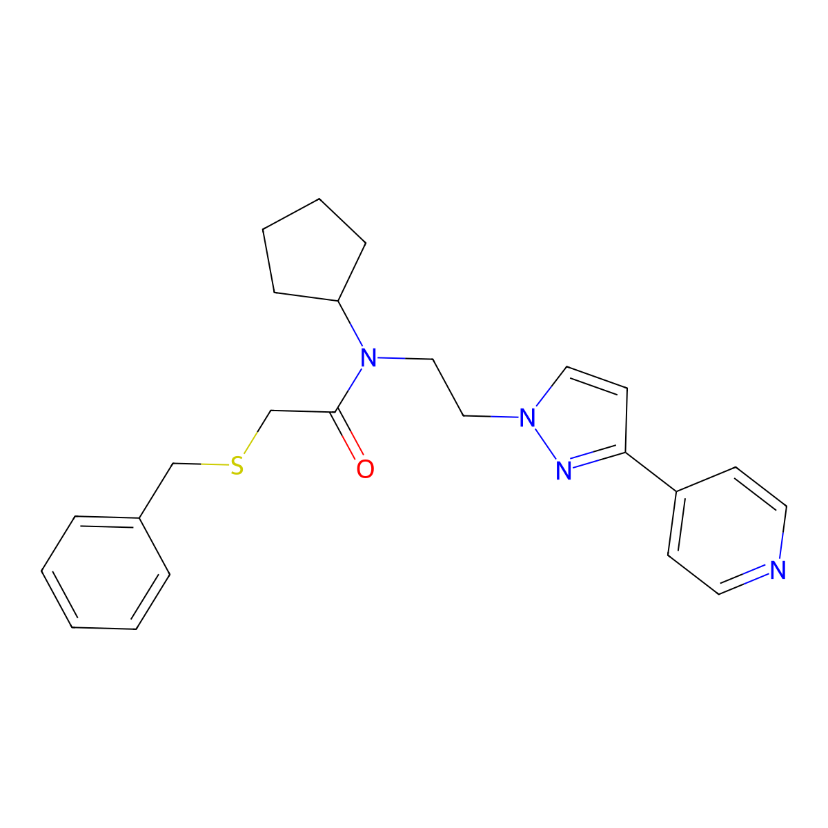 2-(benzylthio)-N-cyclopentyl-N-(2-(3-(pyridin-4-yl)-1H-pyrazol-1-yl)ethyl)acetamide molecular structure, CAS 2034327-60-9