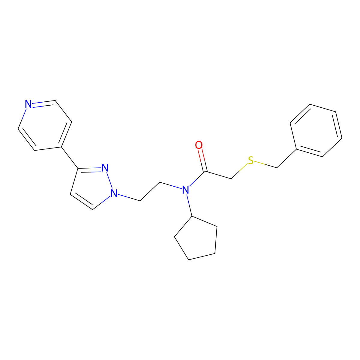 2-(benzylthio)-N-cyclopentyl-N-(2-(3-(pyridin-4-yl)-1H-pyrazol-1-yl)ethyl)acetamide molecular structure, CAS 2034327-60-9