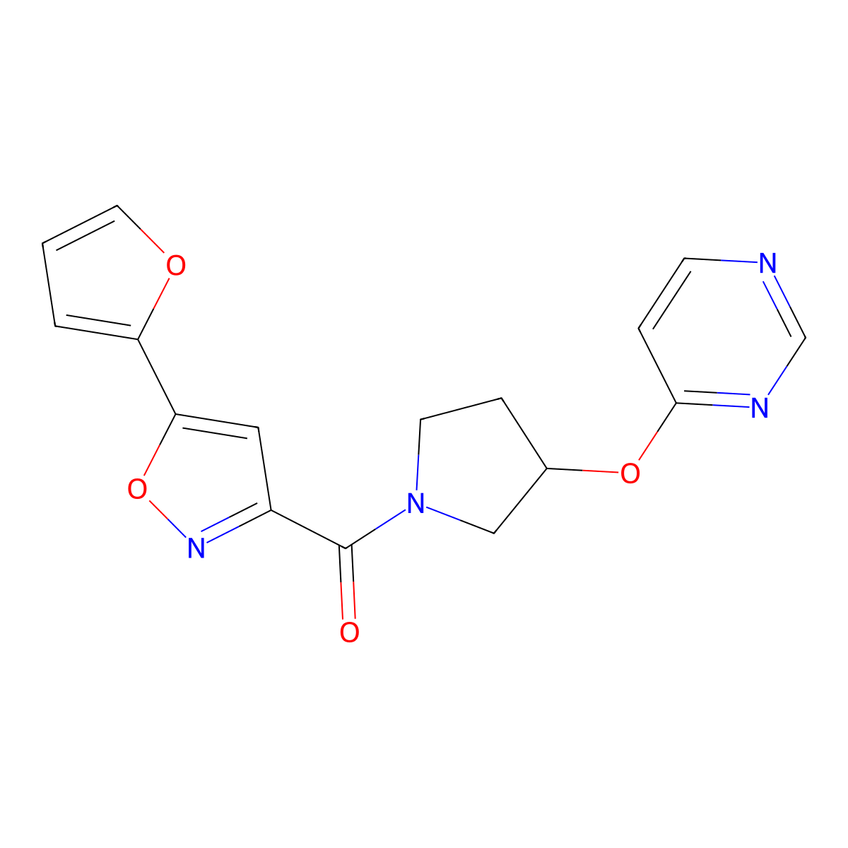 (5-(Furan-2-yl)isoxazol-3-yl)(3-(pyrimidin-4-yloxy)pyrrolidin-1-yl)methanone molecular structure, CAS 2034327-61-0