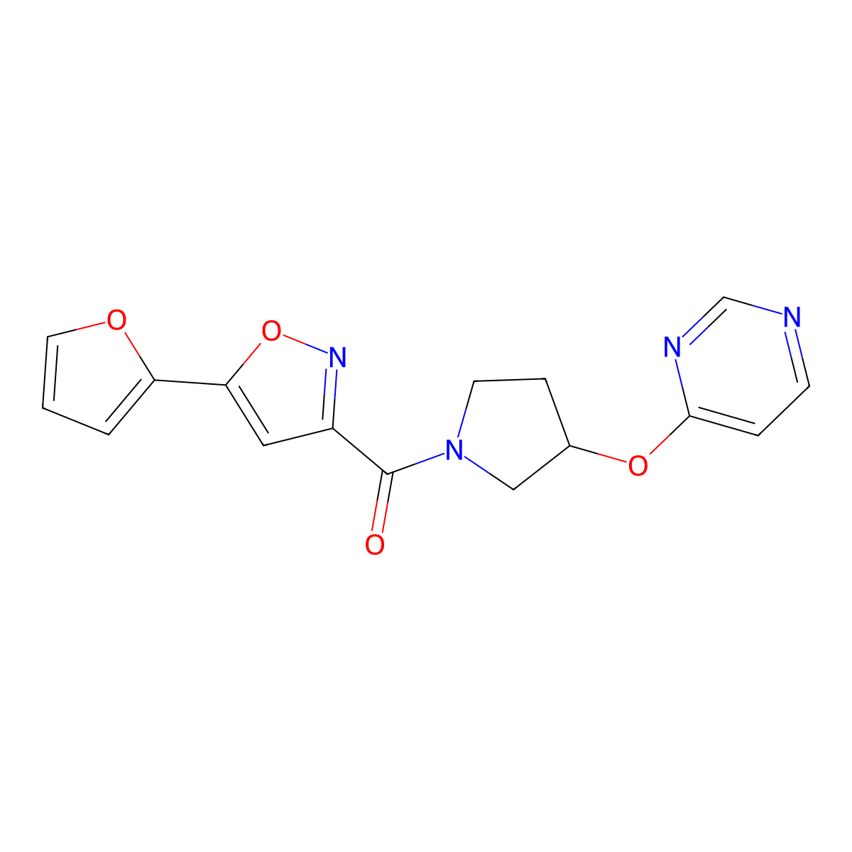 (5-(Furan-2-yl)isoxazol-3-yl)(3-(pyrimidin-4-yloxy)pyrrolidin-1-yl)methanone molecular structure, CAS 2034327-61-0