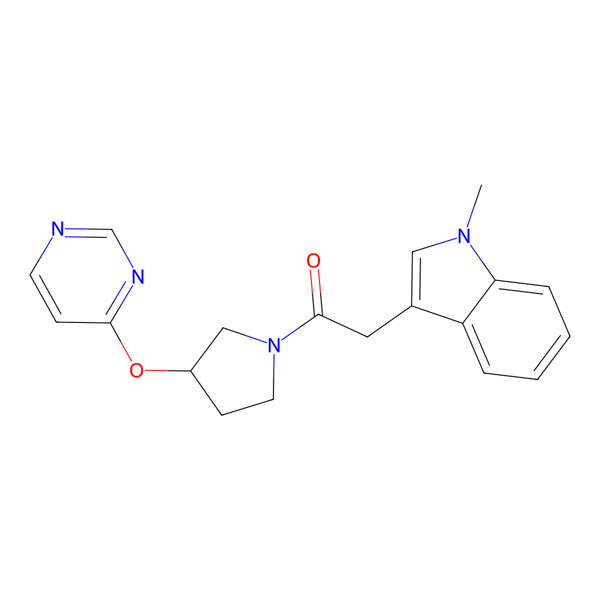 2-(1-methyl-1H-indol-3-yl)-1-(3-(pyrimidin-4-yloxy)pyrrolidin-1-yl)ethanone molecular structure, CAS 2034327-70-1