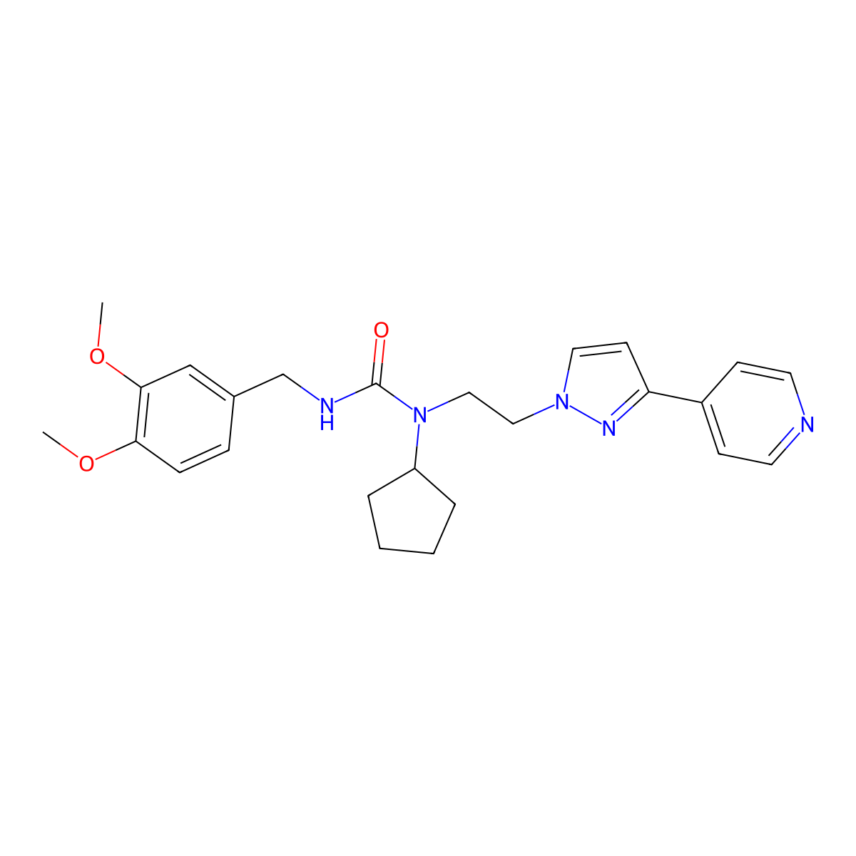 1-cyclopentyl-3-(3,4-dimethoxybenzyl)-1-(2-(3-(pyridin-4-yl)-1H-pyrazol-1-yl)ethyl)urea molecular structure, CAS 2034327-71-2