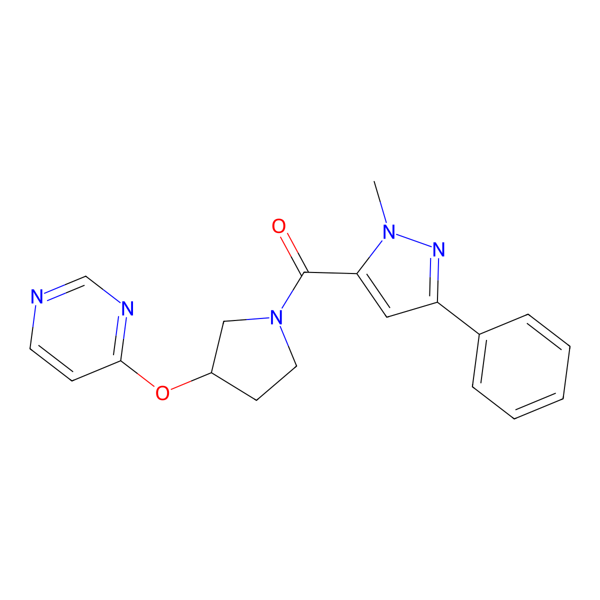 (1-methyl-3-phenyl-1H-pyrazol-5-yl)(3-(pyrimidin-4-yloxy)pyrrolidin-1-yl)methanone molecular structure, CAS 2034327-76-7