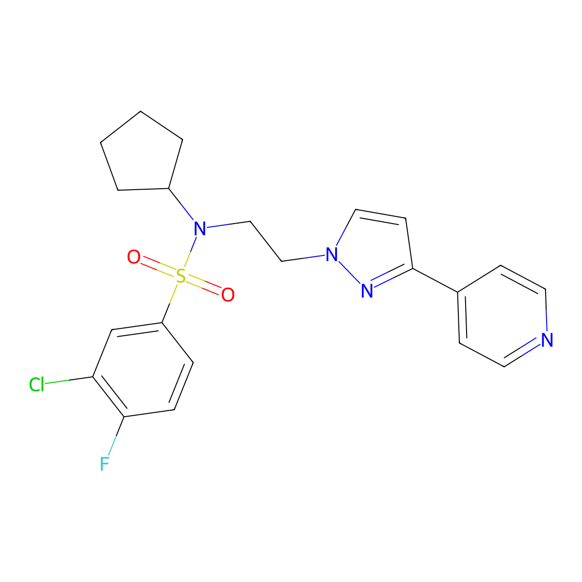 3-chloro-N-cyclopentyl-4-fluoro-N-(2-(3-(pyridin-4-yl)-1H-pyrazol-1-yl)ethyl)benzenesulfonamide molecular structure, CAS 2034327-77-8