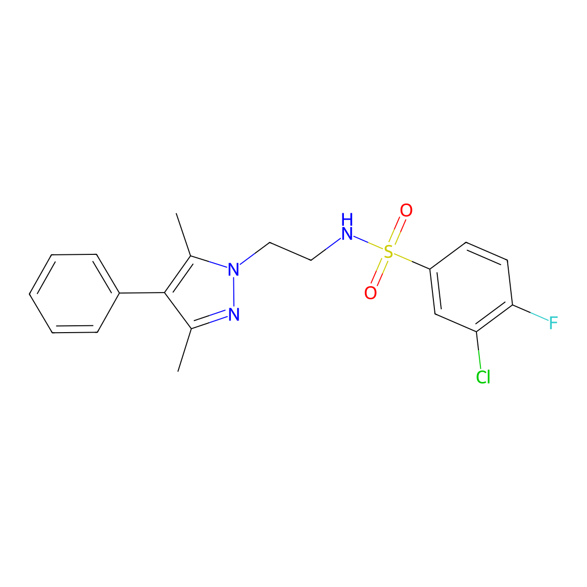 3-chloro-N-(2-(3,5-dimethyl-4-phenyl-1H-pyrazol-1-yl)ethyl)-4-fluorobenzenesulfonamide molecular structure, CAS 2034327-89-2