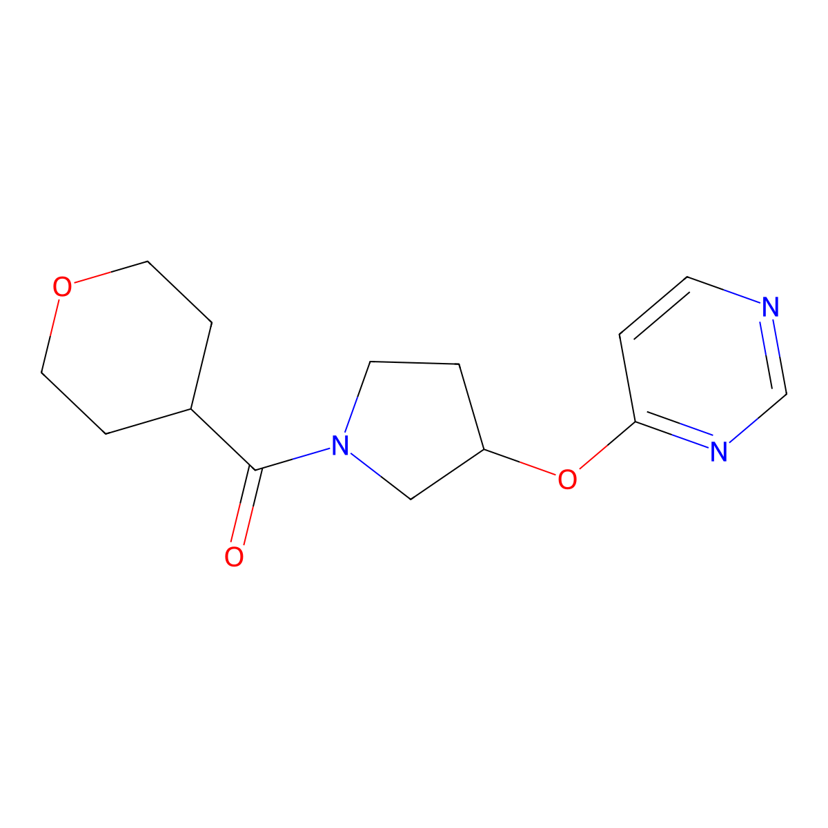 (3-(pyrimidin-4-yloxy)pyrrolidin-1-yl)(tetrahydro-2H-pyran-4-yl)methanone molecular structure, CAS 2034327-96-1