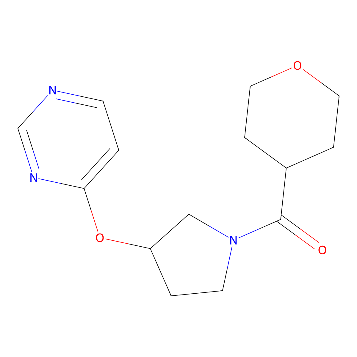(3-(pyrimidin-4-yloxy)pyrrolidin-1-yl)(tetrahydro-2H-pyran-4-yl)methanone molecular structure, CAS 2034327-96-1