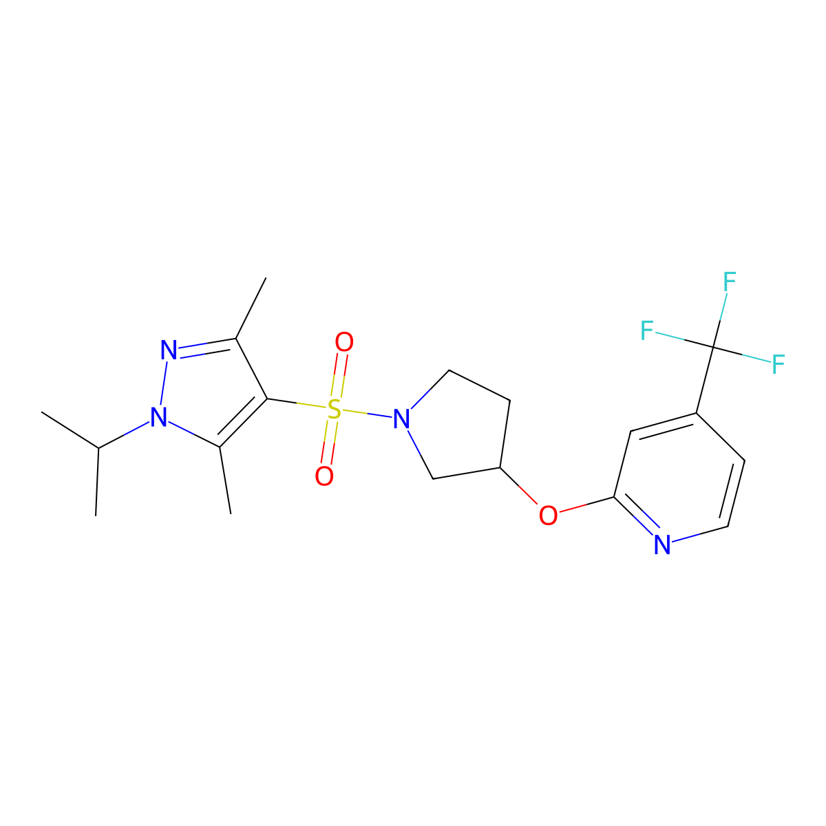 2-((1-((1-isopropyl-3,5-dimethyl-1H-pyrazol-4-yl)sulfonyl)pyrrolidin-3-yl)oxy)-4-(trifluoromethyl)pyridine molecular structure, CAS 2034328-09-9
