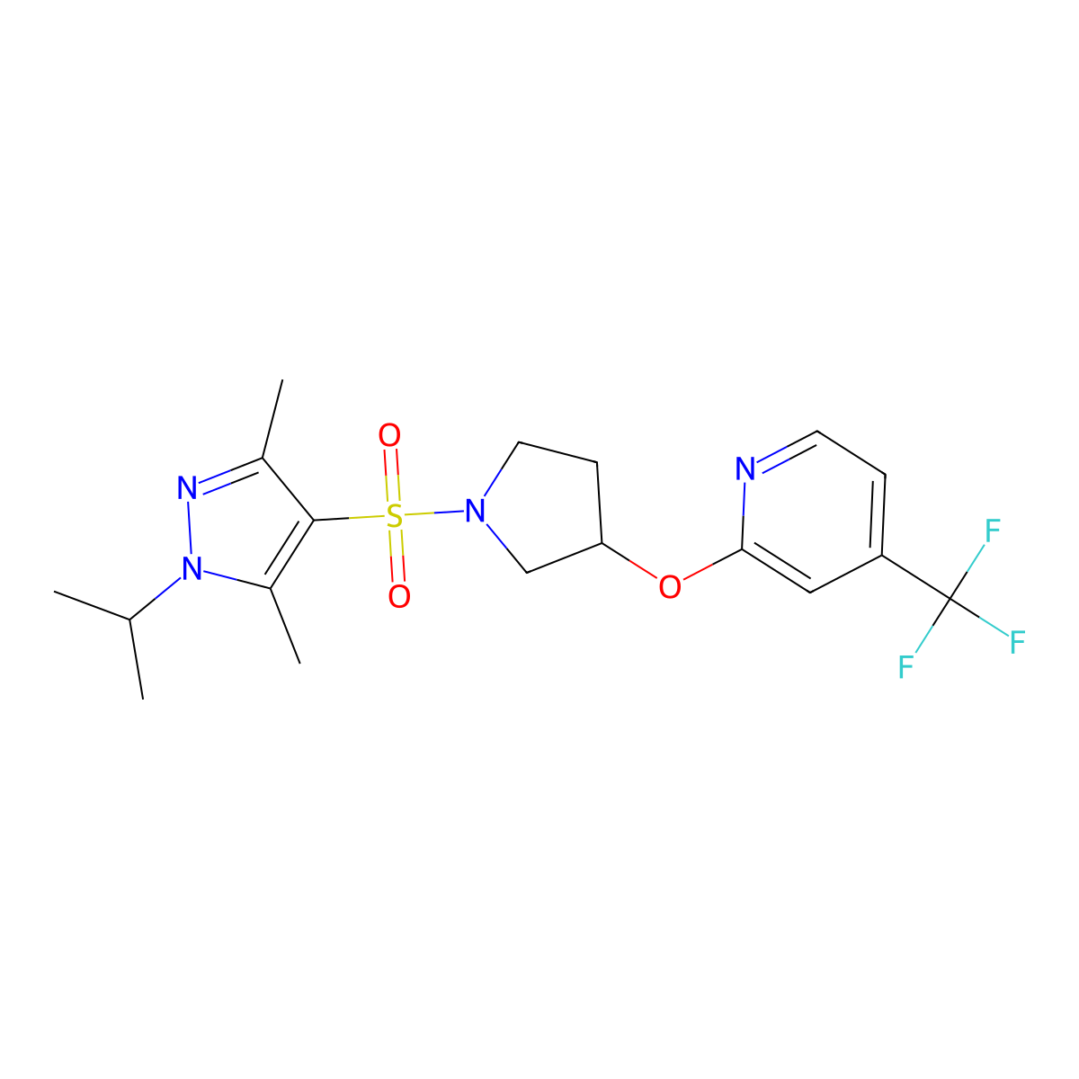 2-((1-((1-isopropyl-3,5-dimethyl-1H-pyrazol-4-yl)sulfonyl)pyrrolidin-3-yl)oxy)-4-(trifluoromethyl)pyridine molecular structure, CAS 2034328-09-9