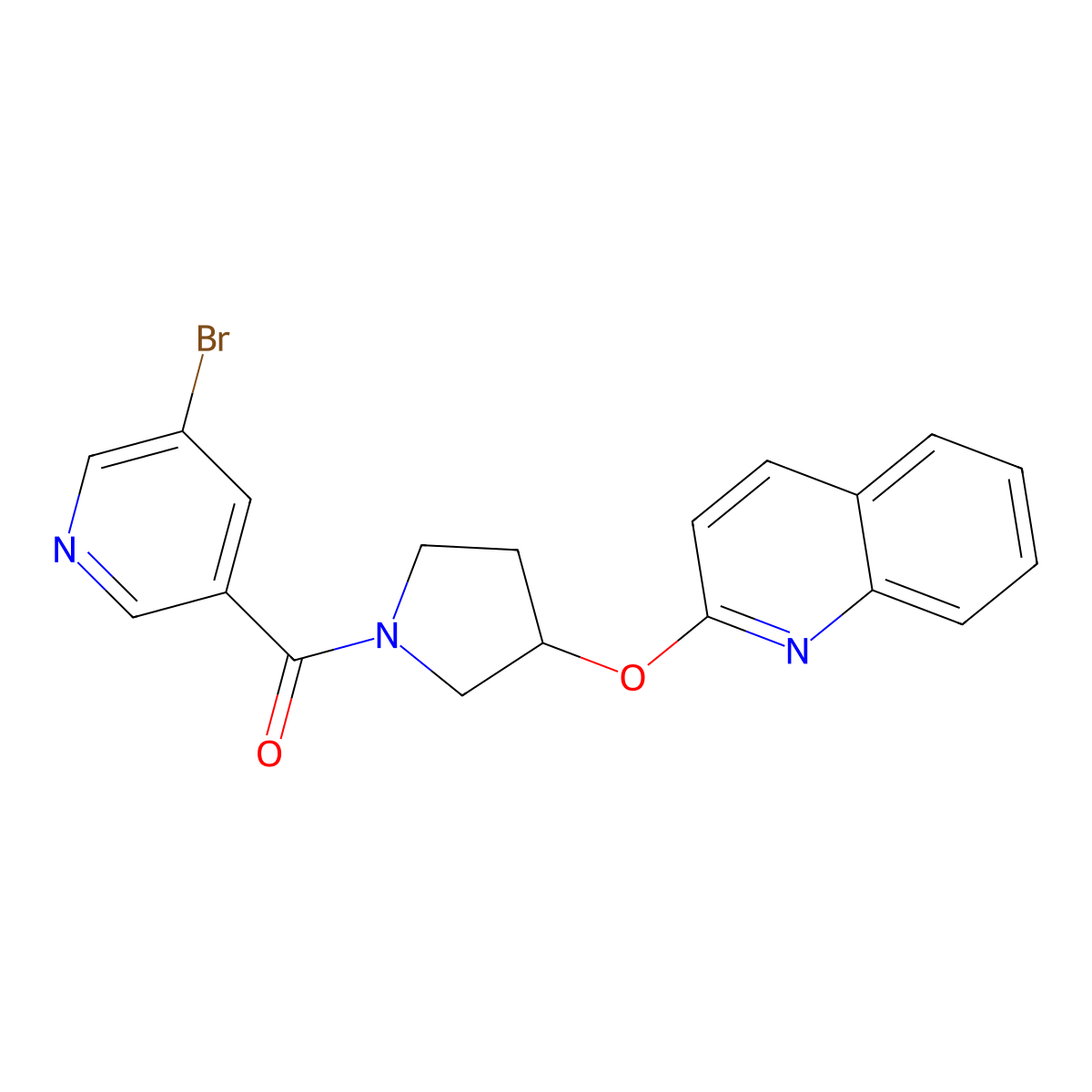 (5-Bromopyridin-3-yl)(3-(quinolin-2-yloxy)pyrrolidin-1-yl)methanone molecular structure, CAS 2034328-15-7
