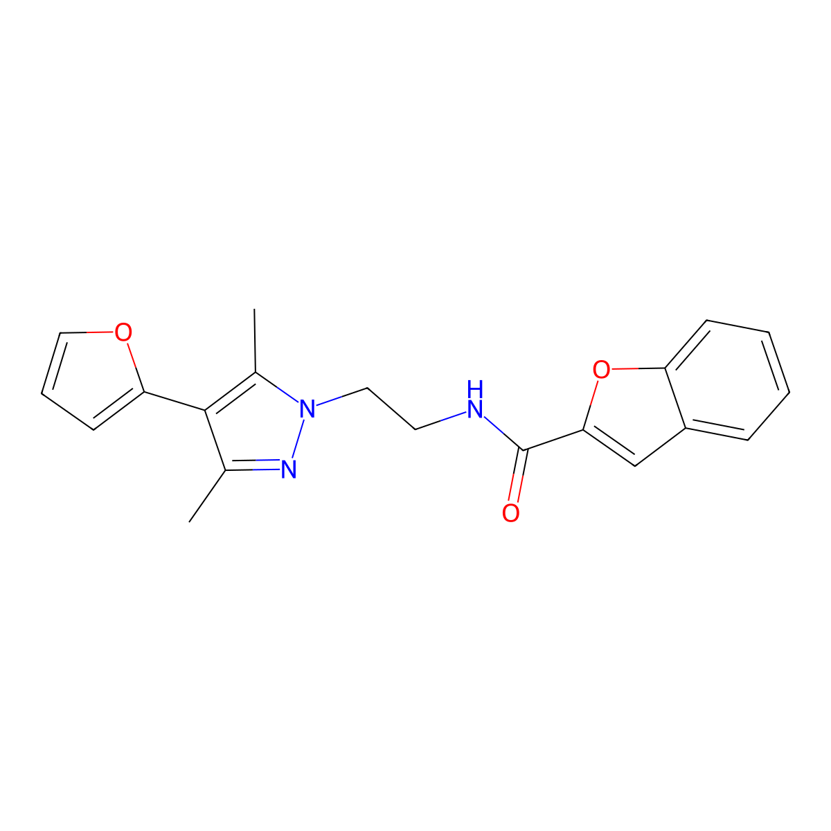N-(2-(4-(furan-2-yl)-3,5-dimethyl-1H-pyrazol-1-yl)ethyl)benzofuran-2-carboxamide molecular structure, CAS 2034328-23-7