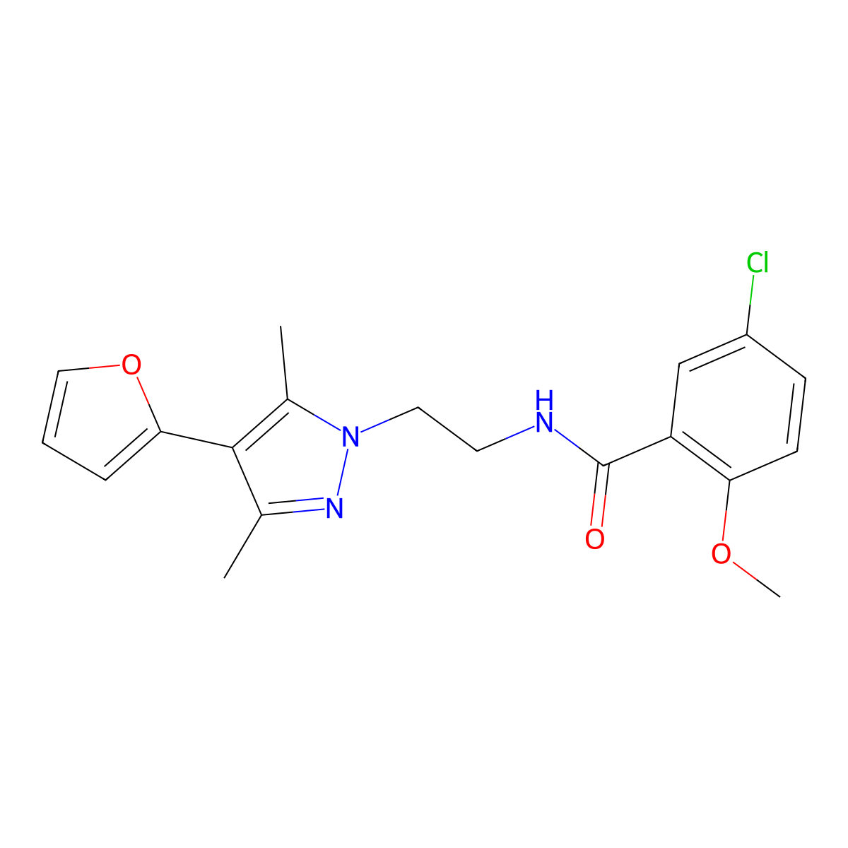5-chloro-N-{2-[4-(furan-2-yl)-3,5-dimethyl-1H-pyrazol-1-yl]ethyl}-2-methoxybenzamide molecular structure, CAS 2034328-27-1