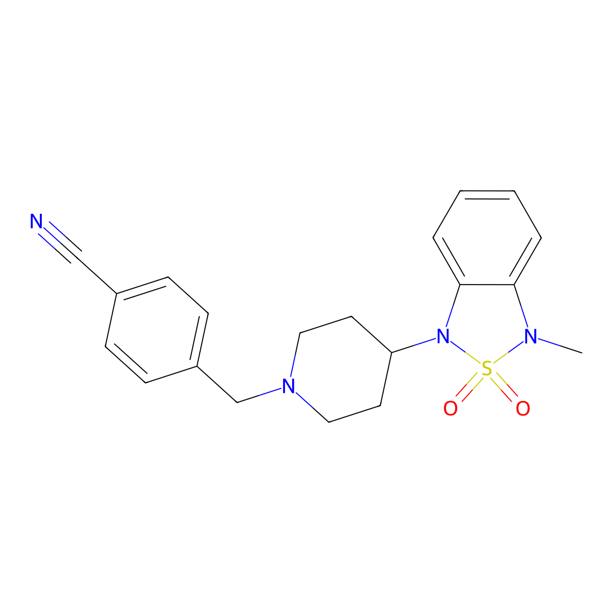 4-((4-(3-methyl-2,2-dioxidobenzo[c][1,2,5]thiadiazol-1(3H)-yl)piperidin-1-yl)methyl)benzonitrile molecular structure, CAS 2034328-30-6